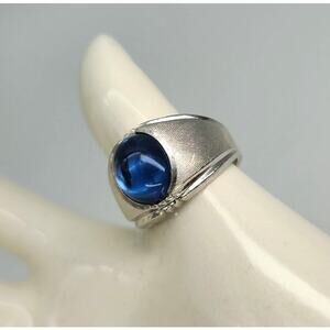 Clark & Coombs Mid Century Sterling Silver Blue Glass Cabochon Ring Men Sz 10.5